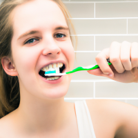 A youg girl brushing her teeth in the morning in front of her bath mirror, she has clean white teeth and a good attractive face