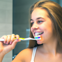 A youg girl brushing her teeth in the morning in front of her bath mirror, she has clean white teeth and a good attractive face