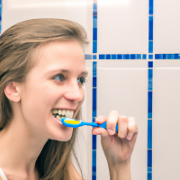 A youg girl brushing her teeth in the morning in front of her bath mirror, she has clean white teeth and a good attractive face