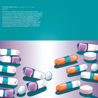 Design a cover of blue backgroud, with light and dark shades, and add medicine with different colors and capsules and ampoules. adjust all this professionally.