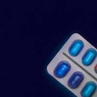 Design a cover of blue backgroud, with light and dark shades, and add medicine with different colors and capsules and ampoules. adjust all this professionally.