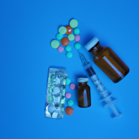 Design a cover of blue backgroud, with light and dark shades, and add medicine with different colors and capsules and ampoules. adjust all this professionally.