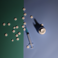 Design a cover of blue backgroud, with light and dark shades, and add medicine with different colors and capsules and ampoules. adjust all this professionally.